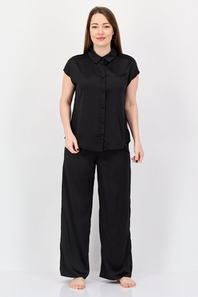 NINE WEST Women 2 Pieces Plain Top And Pants Pyjama Set, Black - Image 1